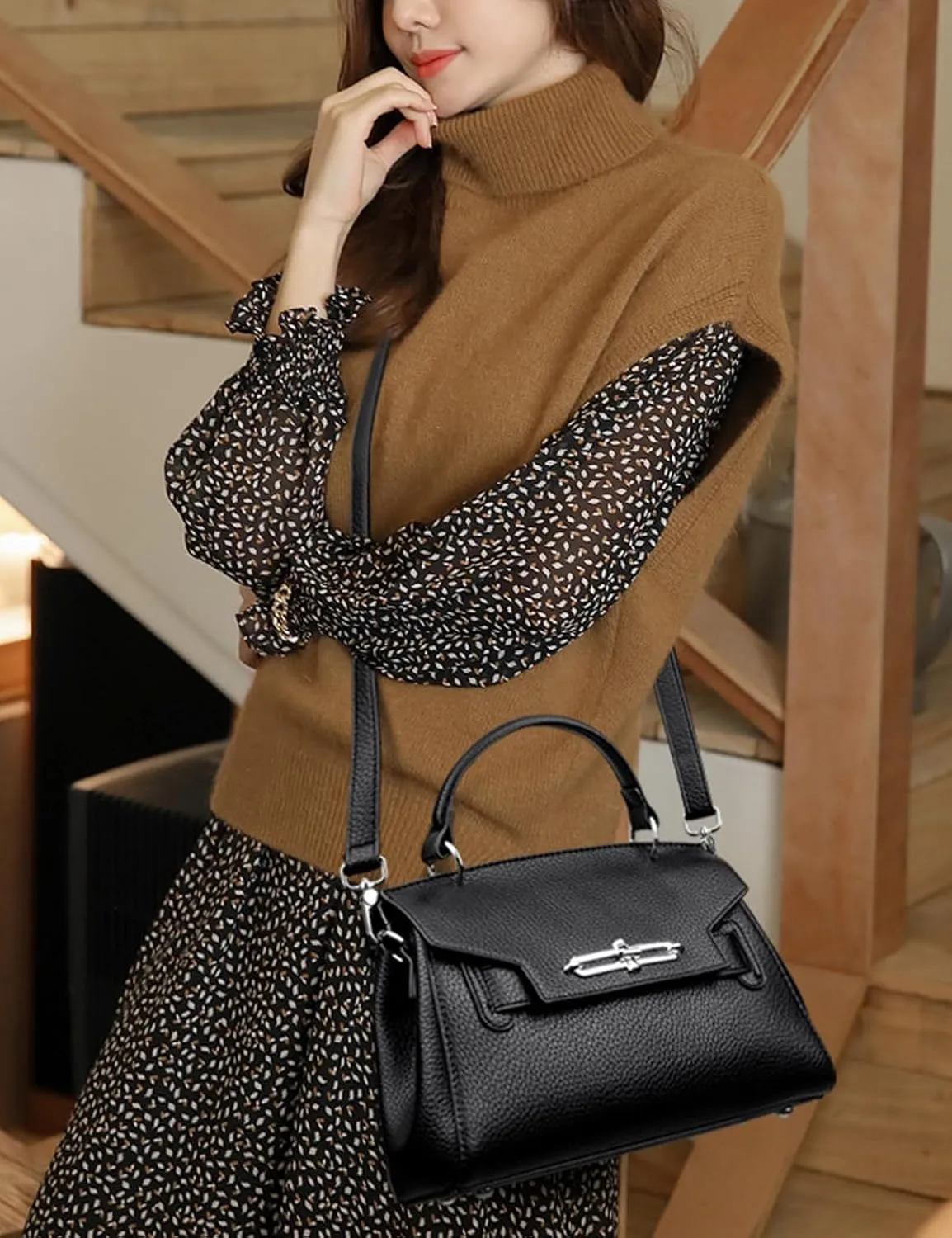 Classic Real Genuine Leather Top-Handle Handbag For Women Phone Purses Crossbody Shoulder Bags For Women
