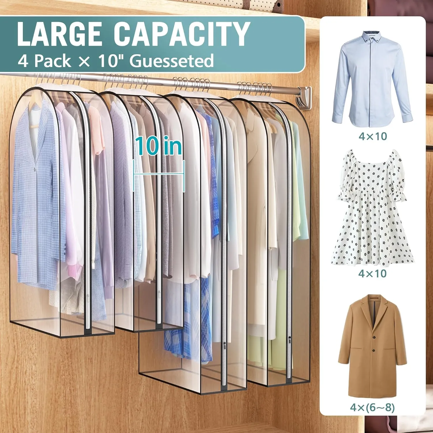Clear Garment Bag for Hanging Clothes 10” Gusseted, (40&50") Suit Bags for Open Closet Storage Plastic Clothes Cover for Coat, Dress, Shirts, Fur, Jacket, Wardrobe Protectors, 4 Pack