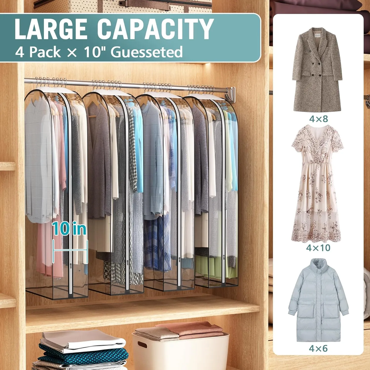 Clear Garment Bag for Hanging Clothes 10” Gusseted, 50” Suit Bags for Open Closet Storage Plastic Clothes Cover for Coat, Dress, Shirts, Fur, Jacket, Wardrobe Protectors, 4 Pack