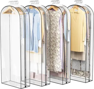 Clear Garment Bag for Hanging Clothes 10” Gusseted, 60” Suit Bags for Open Closet Storage Plastic Clothes Cover for Coat, Dress, Shirts, Fur, Jacket, Wardrobe Protectors, 4 Pack
