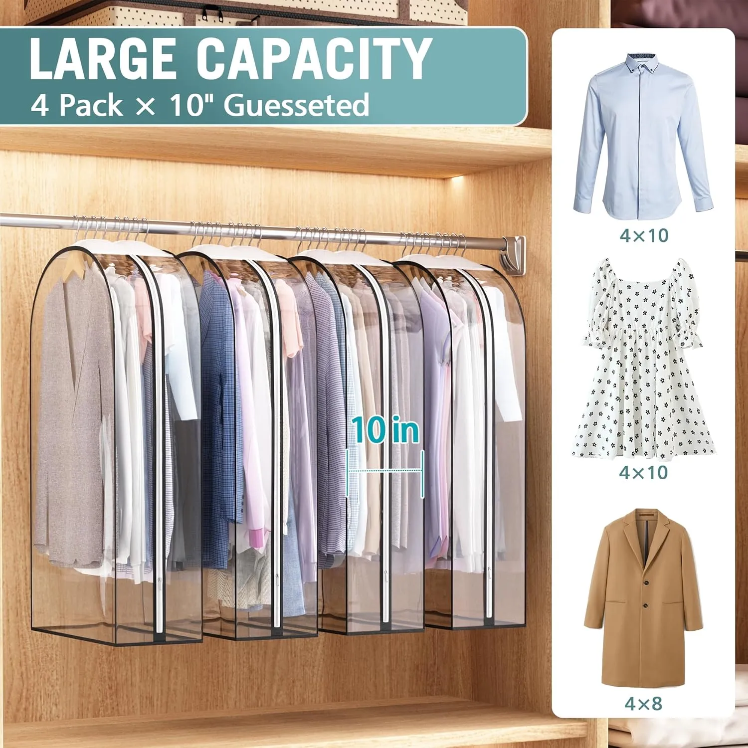 Clear Garment Bags for Hanging Clothes 10” Gusseted, Suit Bags for Closet Storage, Hanging Plastic Clothes Cover for Coat, Dress, Fur, Shirt, 4 Pack, 40” Long