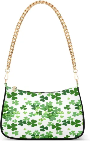 Clover Leaves Shamrock Leaf Luck Shoulder Handbags for Women Travel Hobo Tote Handbag Women Gold Chain Shoulder Bags Purse with Zipper Closure