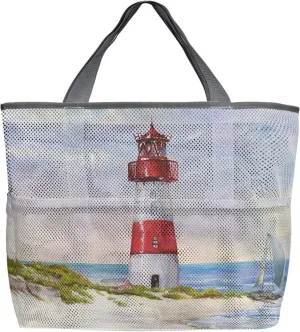 Coastal Lighthouse Beach Tote Bag for Women, Watercolor Blue Sky Sea Summer Beach Nautical Mesh Beach Bags Waterproof, Outdoor Picnic Swim Pool Handbag - Large Beach Bag with Zipper and Pockets