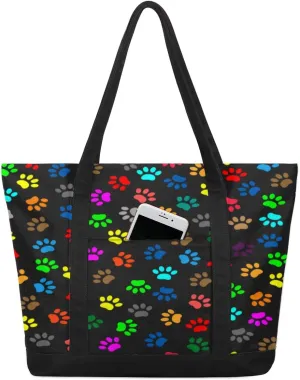 Colorful Animal Pets Dog Cat Paw Prints Tote Bag Tote Bag for Women Reusable Grocery Shopping Cloth Bags with Zipper Large Capacity Foldable Handbag Gym Bag for Gift Activity