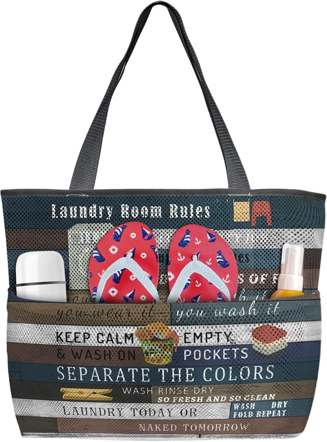 Colorful Wood Laundry Room Rules Splicing Beach Tote Bag, Laundry Daily Routine Mesh Beach Bags Waterproof Sandproof, Outdoor Picnic Swim Pool Handbag - Large Beach Bag with Zipper and Pockets