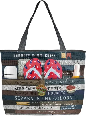 Colorful Wood Laundry Room Rules Splicing Beach Tote Bag, Laundry Daily Routine Mesh Beach Bags Waterproof Sandproof, Outdoor Picnic Swim Pool Handbag - Large Beach Bag with Zipper and Pockets