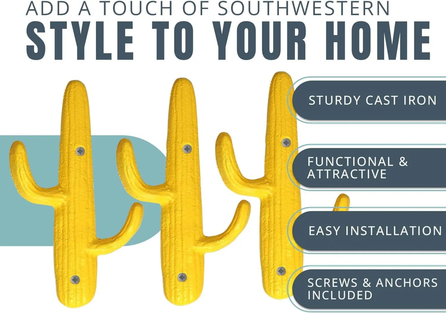 Comfify Set of 3 Hooks Cast Iron Cactus Double Wall Mounted Hooks/Hangers - Decorative Wall Mounted Hooks for Coats, Bags, Towels and More - w/Screws and Anchors Included - Yellow