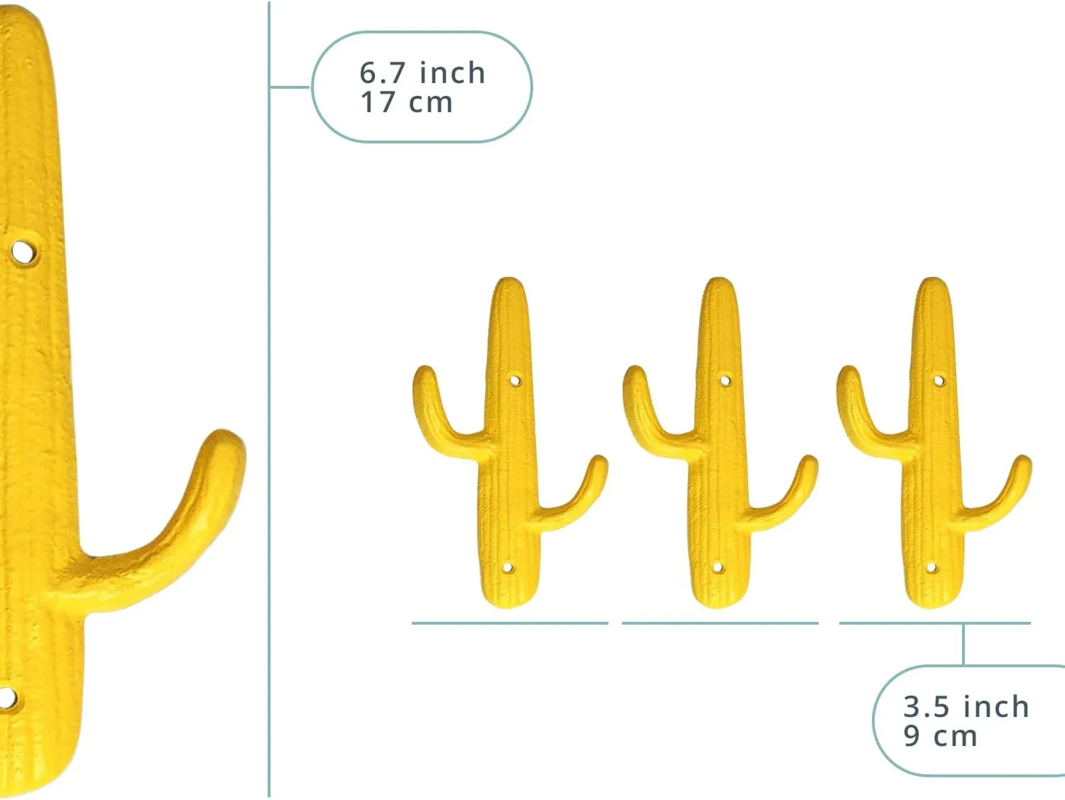 Comfify Set of 3 Hooks Cast Iron Cactus Double Wall Mounted Hooks/Hangers - Decorative Wall Mounted Hooks for Coats, Bags, Towels and More - w/Screws and Anchors Included - Yellow