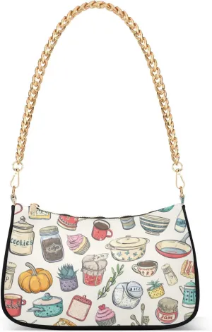 Cooking Utensils Dishes Shoulder Bag for Women Hobo Tote Handbag Gold Chain Crossbody Bag with Zipper Clutch Purse Handbags