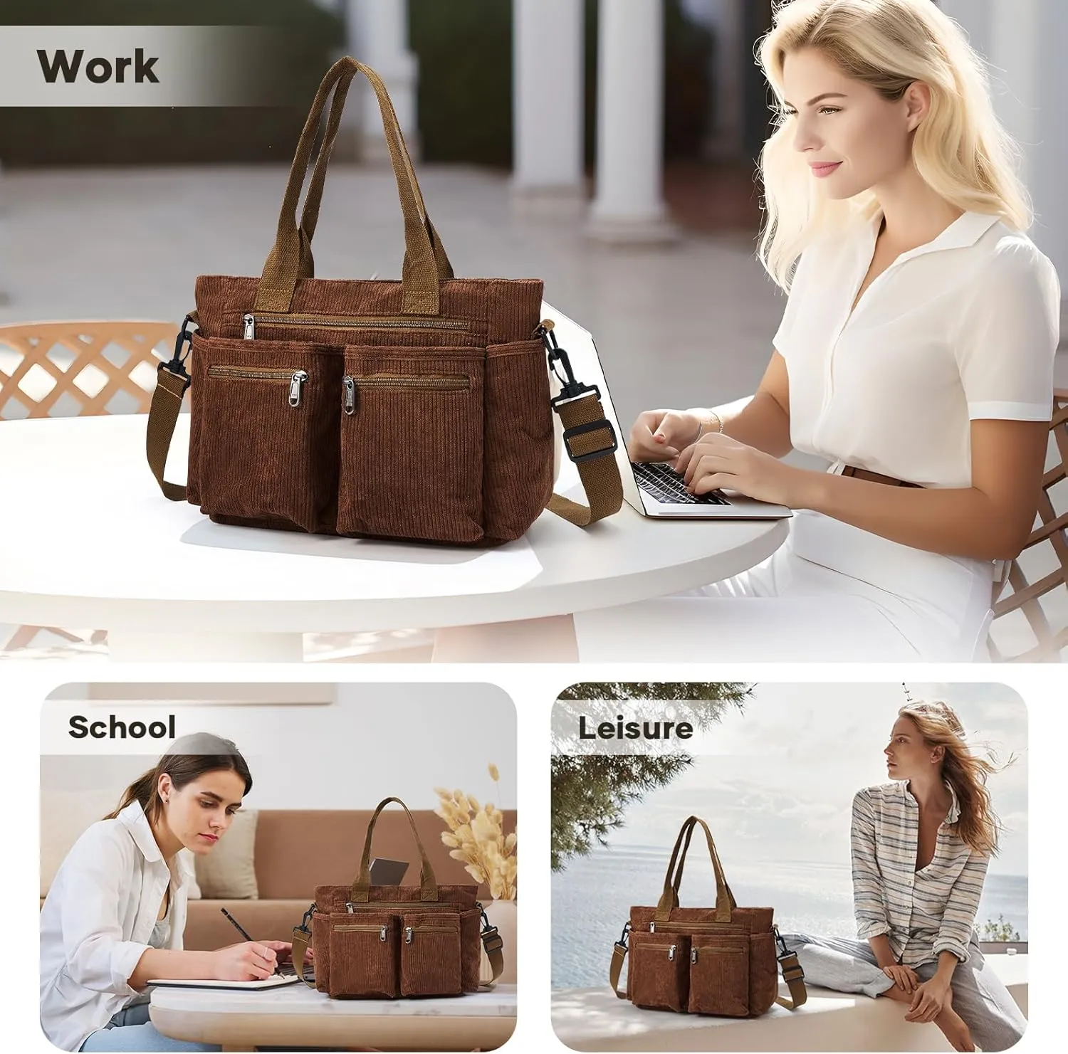 Corduroy Tote Bag for Women, Crossbody Bags, Mutil Pockets Handbag Tote Bag for Travel, Work