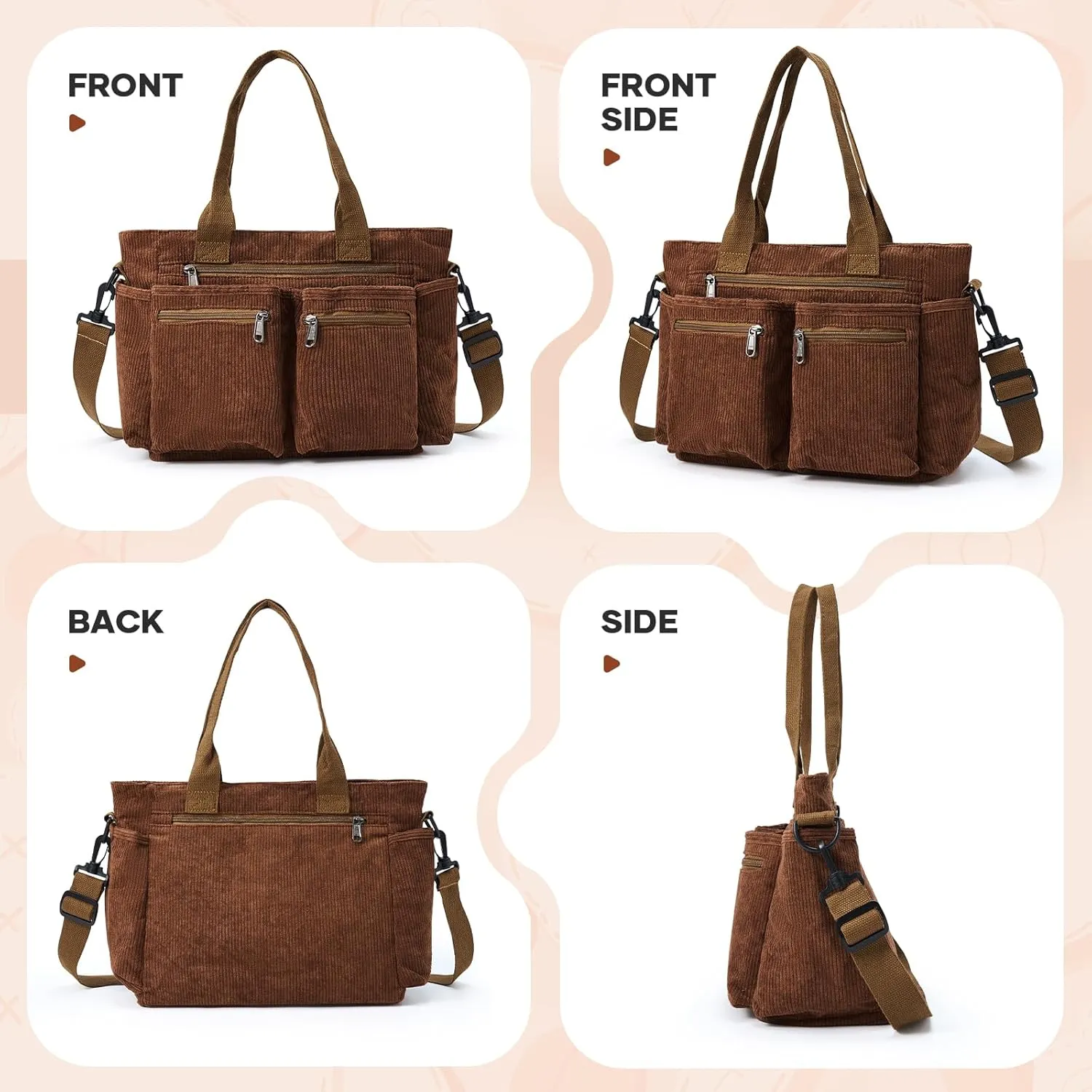 Corduroy Tote Bag for Women, Crossbody Bags, Mutil Pockets Handbag Tote Bag for Travel, Work