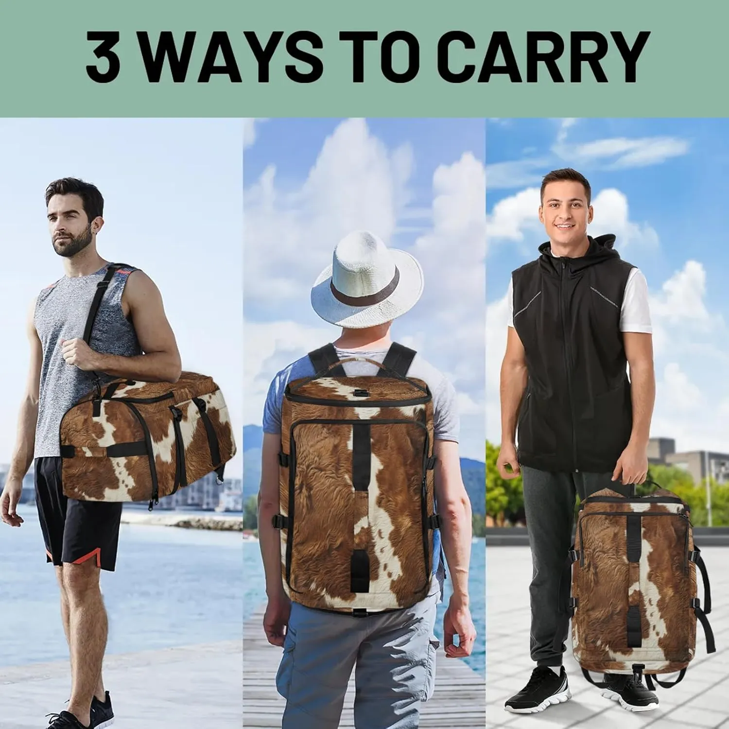 Cow Print Gym Duffle Bag Backpack Farm Animal Fur Waterproof Sports Bags with Shoe Compartment 48L Carry On Overnight Weekender Travel Luggage