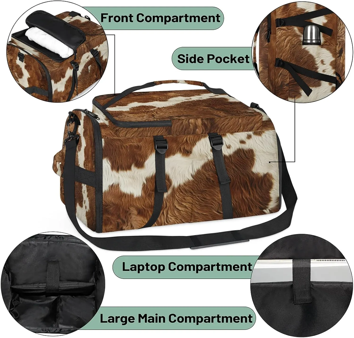 Cow Print Gym Duffle Bag Backpack Farm Animal Fur Waterproof Sports Bags with Shoe Compartment 48L Carry On Overnight Weekender Travel Luggage