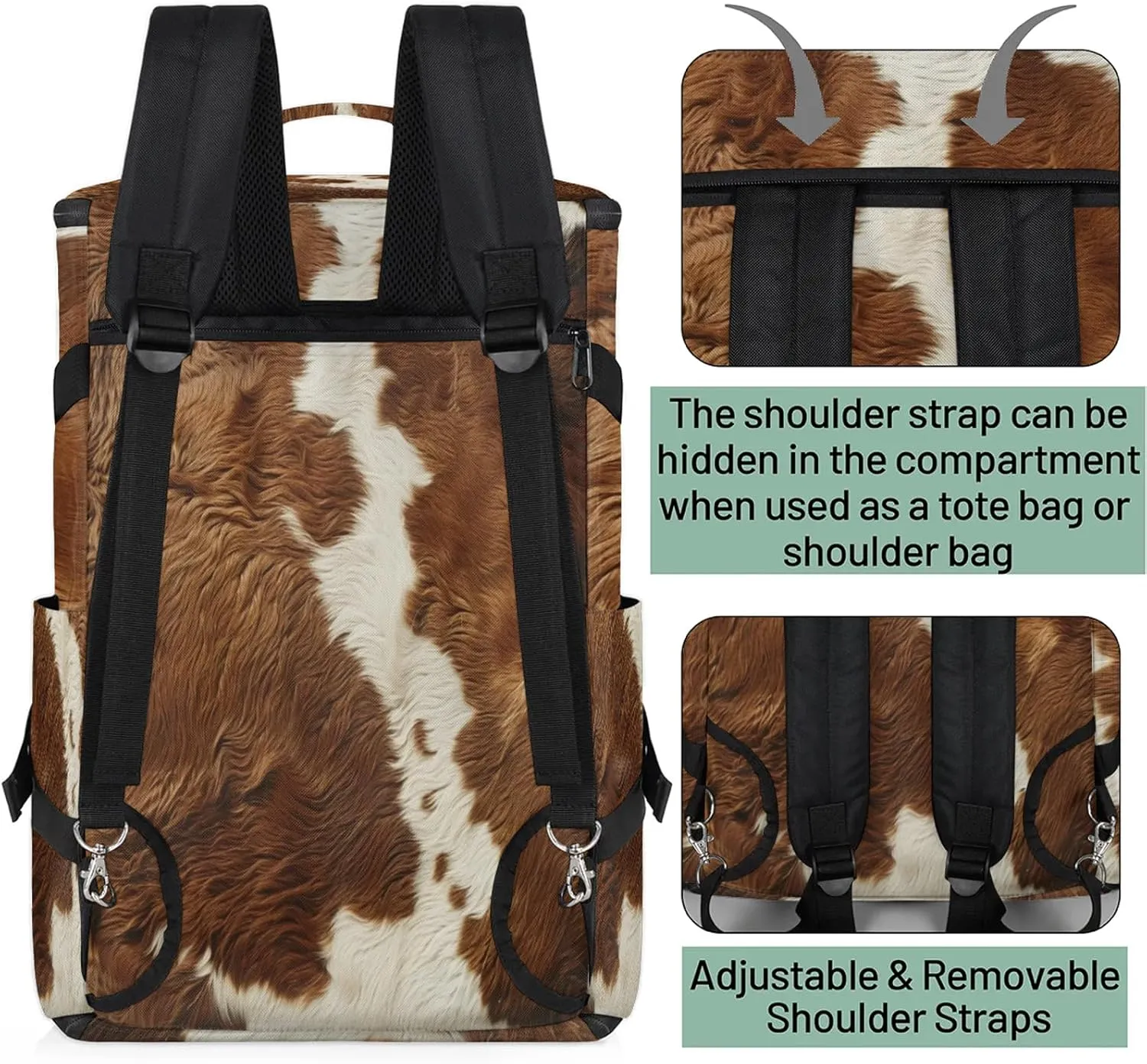 Cow Print Gym Duffle Bag Backpack Farm Animal Fur Waterproof Sports Bags with Shoe Compartment 48L Carry On Overnight Weekender Travel Luggage