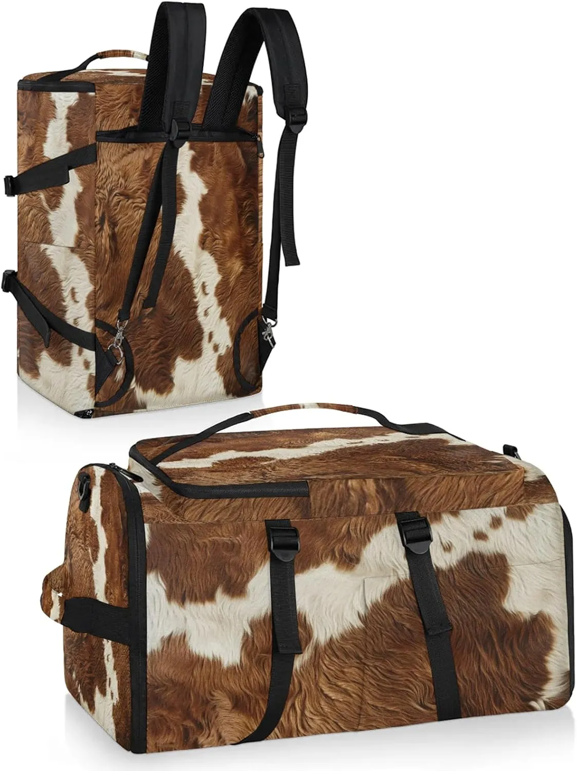 Cow Print Gym Duffle Bag Backpack Farm Animal Fur Waterproof Sports Bags with Shoe Compartment 48L Carry On Overnight Weekender Travel Luggage