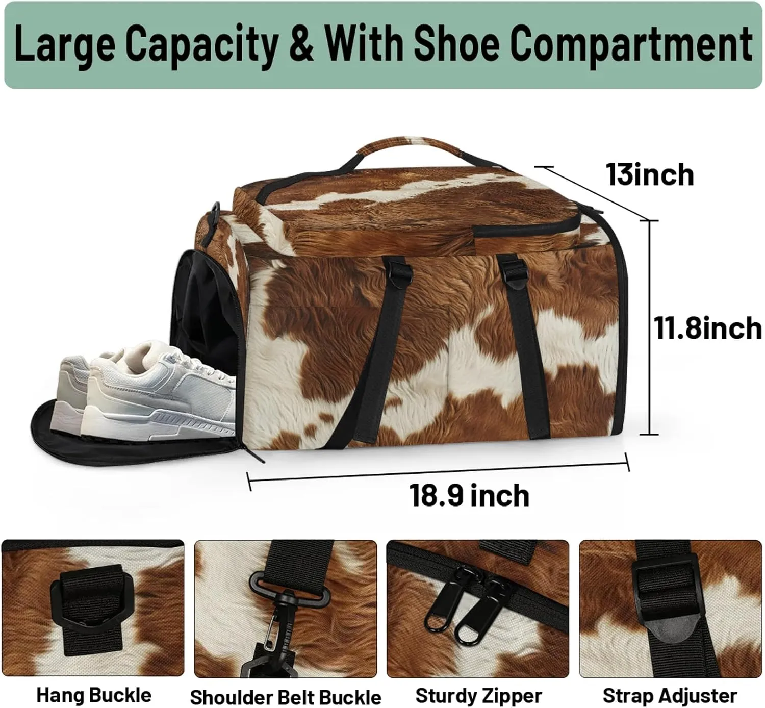 Cow Print Gym Duffle Bag Backpack Farm Animal Fur Waterproof Sports Bags with Shoe Compartment 48L Carry On Overnight Weekender Travel Luggage
