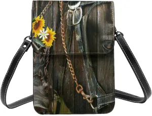 Cowboy Boots Sunflowers Rustic Barn Board Small Cross Body Bags For Women, Leather Cell Phone Purse With Adjustable Strap