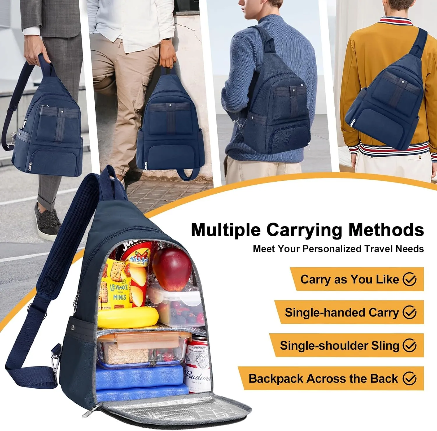 Crossbody Lunch Backpack, Double Deck Insulated Lunch Box for Men Women Adult, Leakproof Lunchbox with Side Pokets for iPad, Large Cooler Bag for Work Office Hiking Beach Picnic, Blue