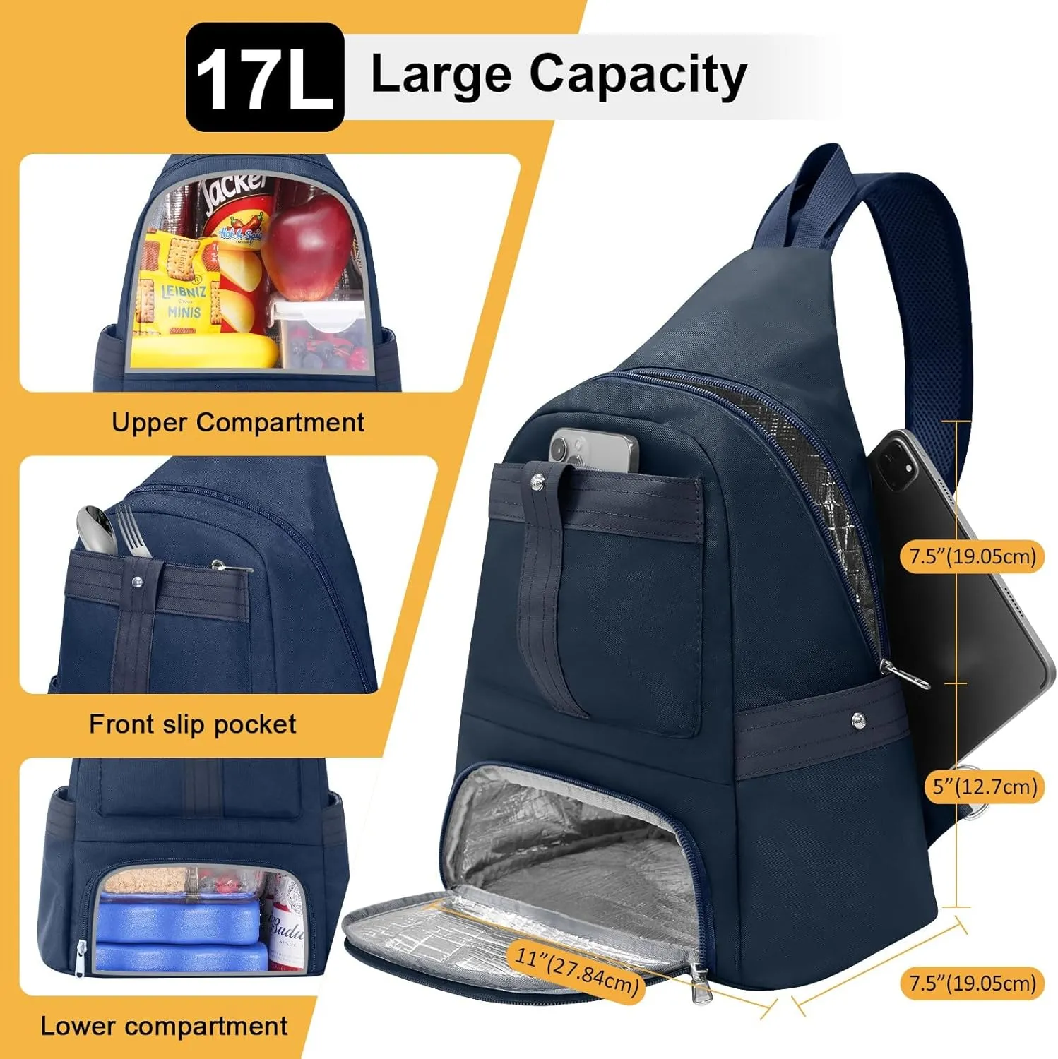 Crossbody Lunch Backpack, Double Deck Insulated Lunch Box for Men Women Adult, Leakproof Lunchbox with Side Pokets for iPad, Large Cooler Bag for Work Office Hiking Beach Picnic, Blue