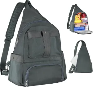 Crossbody Lunch Backpack, Double Deck Insulated Lunch Box for Men Women Adult, Leakproof Lunchbox with Side Pokets for iPad, Large Cooler Bag for Work Office Hiking Beach Picnic, Grey