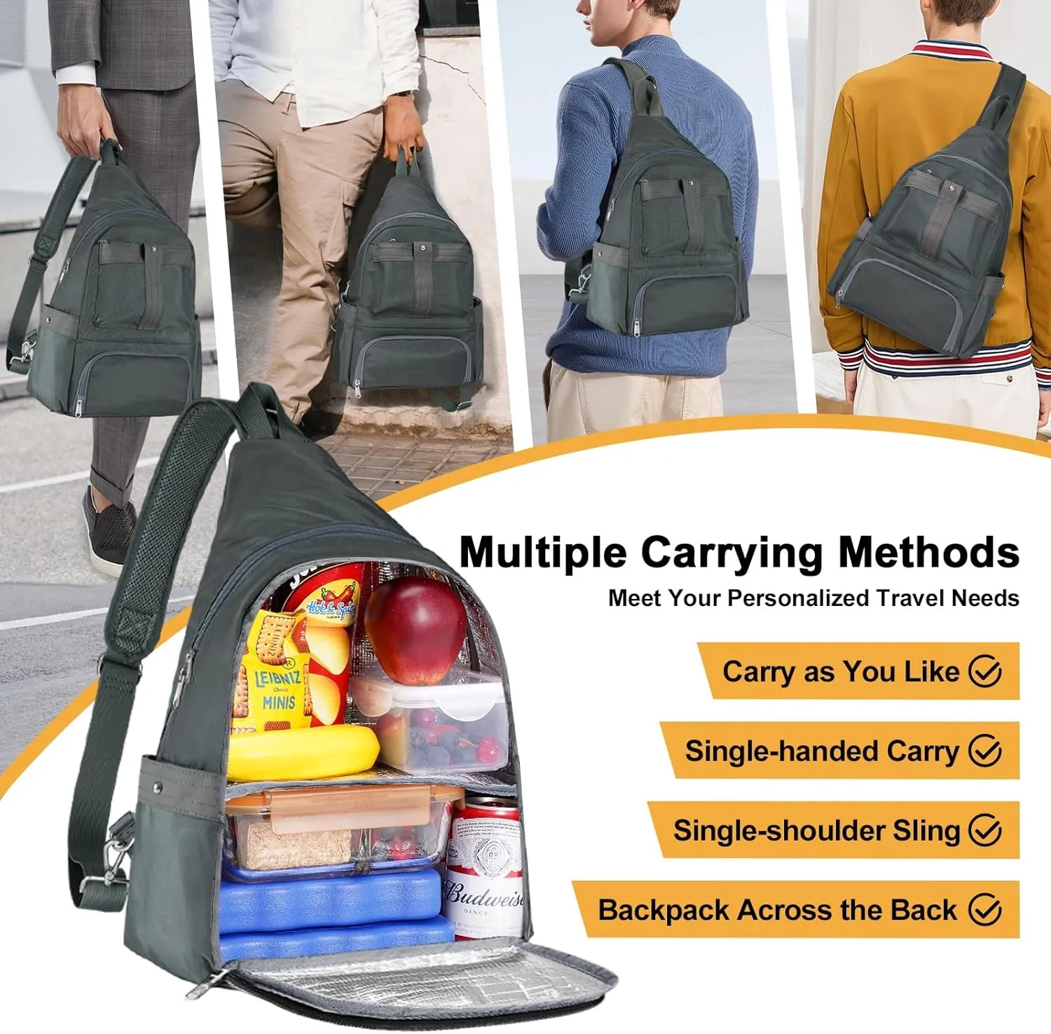 Crossbody Lunch Backpack, Double Deck Insulated Lunch Box for Men Women Adult, Leakproof Lunchbox with Side Pokets for iPad, Large Cooler Bag for Work Office Hiking Beach Picnic, Grey