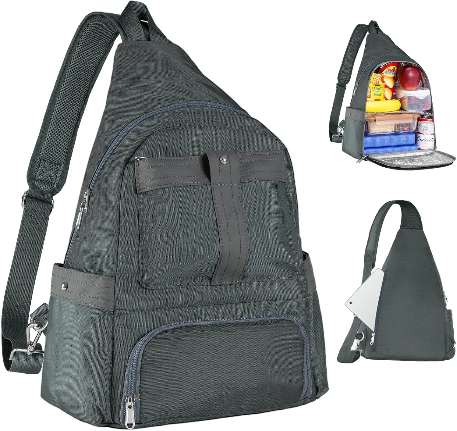 Crossbody Lunch Backpack, Double Deck Insulated Lunch Box for Men Women Adult, Leakproof Lunchbox with Side Pokets for iPad, Large Cooler Bag for Work Office Hiking Beach Picnic, Grey