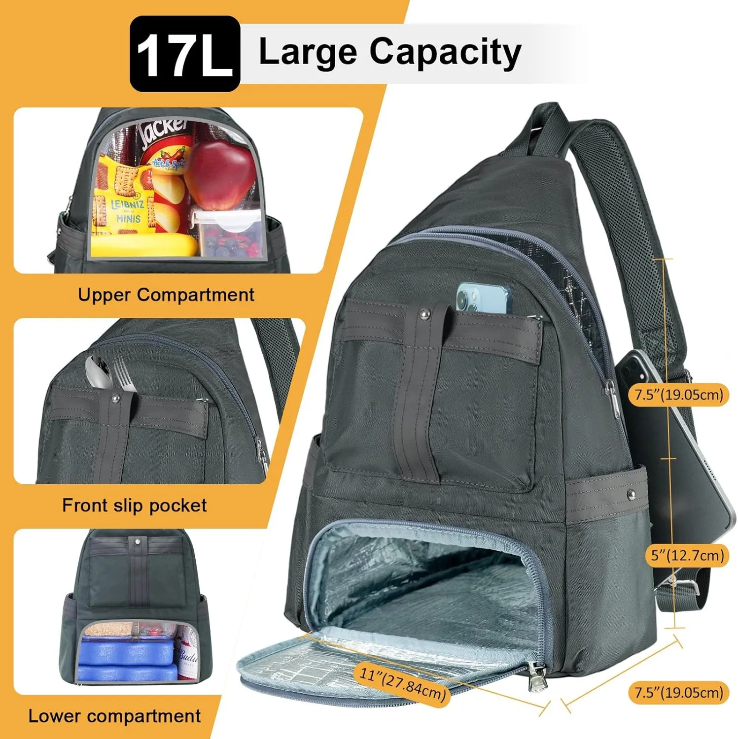 Crossbody Lunch Backpack, Double Deck Insulated Lunch Box for Men Women Adult, Leakproof Lunchbox with Side Pokets for iPad, Large Cooler Bag for Work Office Hiking Beach Picnic, Grey