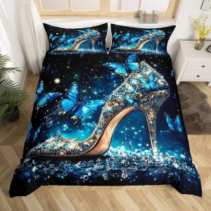 Crystal High-Heeled Shoes Duvet Cover Set Blue Butterfly Comforter Cover,Dreamy Butterflies Girl Toddler Bedding Set,Glass Slipper Bed Set Rustic Aesthetic Animal Princess Girls Room Decor