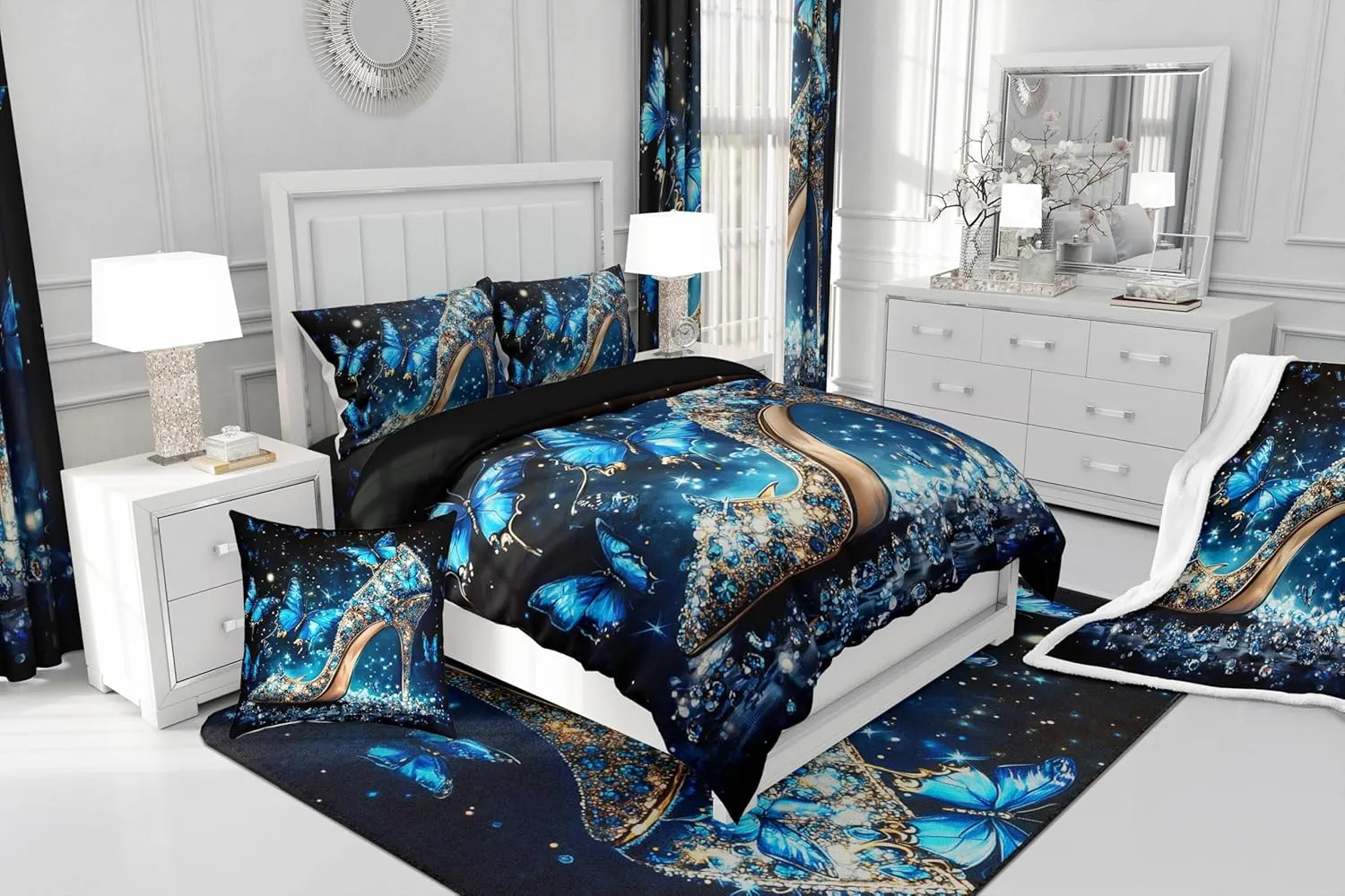Crystal High-Heeled Shoes Duvet Cover Set Blue Butterfly Comforter Cover,Dreamy Butterflies Girl Toddler Bedding Set,Glass Slipper Bed Set Rustic Aesthetic Animal Princess Girls Room Decor