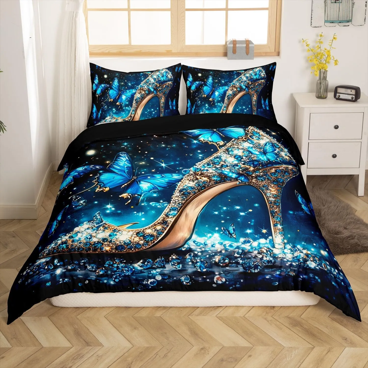 Crystal High-Heeled Shoes Duvet Cover Set Blue Butterfly Comforter Cover,Dreamy Butterflies Girl Toddler Bedding Set,Glass Slipper Bed Set Rustic Aesthetic Animal Princess Girls Room Decor