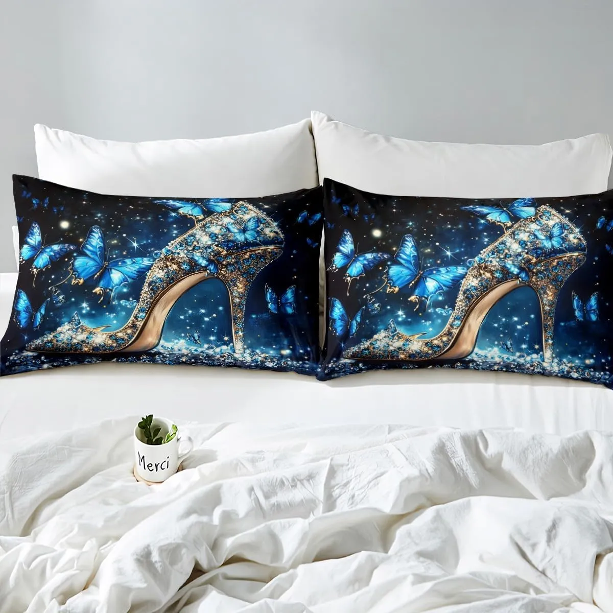 Crystal High-Heeled Shoes Duvet Cover Set Blue Butterfly Comforter Cover,Dreamy Butterflies Girl Toddler Bedding Set,Glass Slipper Bed Set Rustic Aesthetic Animal Princess Girls Room Decor