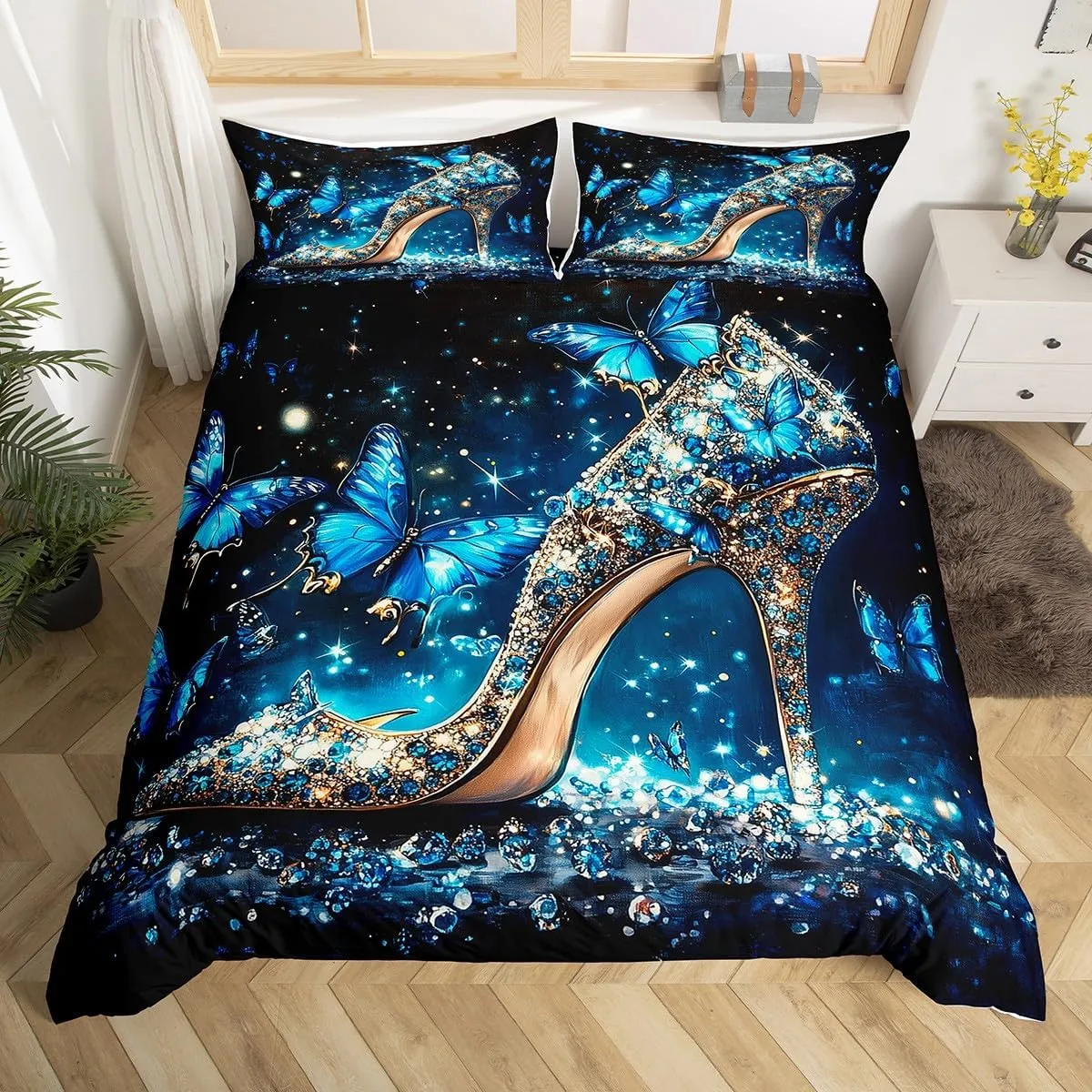 Crystal High-Heeled Shoes Duvet Cover Set Blue Butterfly Comforter Cover,Dreamy Butterflies Girl Toddler Bedding Set,Glass Slipper Bed Set Rustic Aesthetic Animal Princess Girls Room Decor