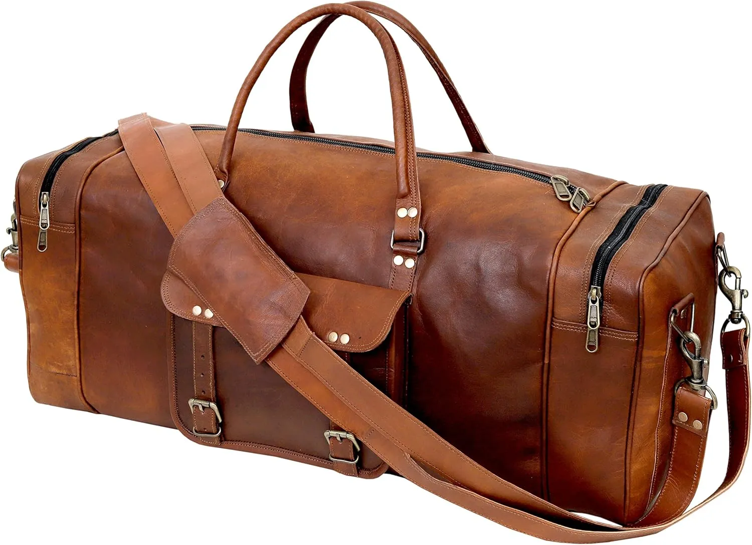 Cuero Leather Duffle Bag for Men & Women, Overnight Weekender Garment Duffel Bags for Travel with Free Toiletry Bag, Carry On Mens Weekend Bag for Traveling, Gym, Sports - 28 Inch, Brown
