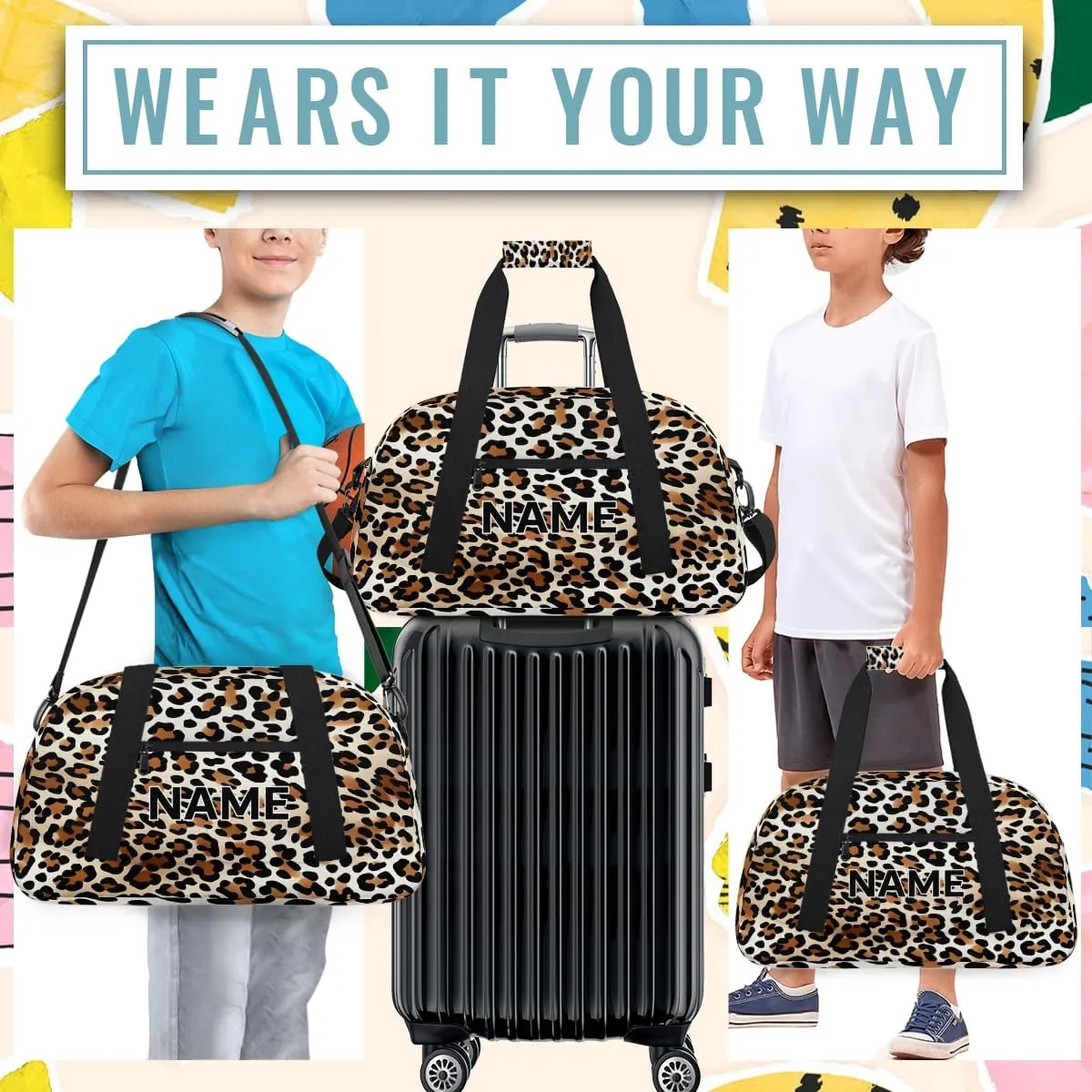 Custom Leopard Print Small Gym Bag 18 inch for Women Men Personalized Animal Theme Print Faux Fur Carry On Overnight Weekender Bag for Travel Work Dance Sport