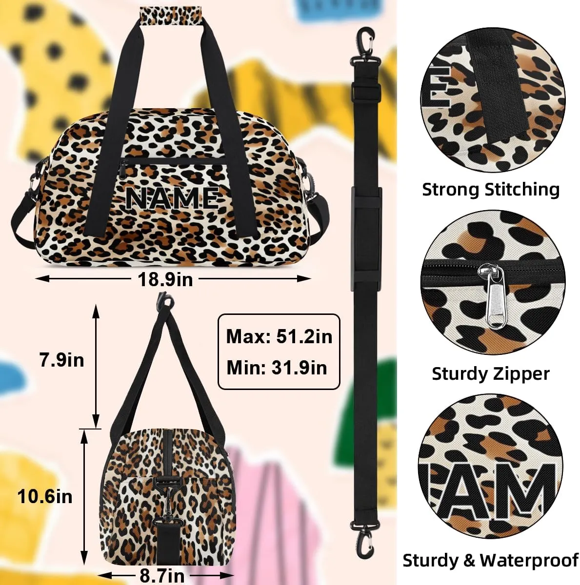 Custom Leopard Print Small Gym Bag 18 inch for Women Men Personalized Animal Theme Print Faux Fur Carry On Overnight Weekender Bag for Travel Work Dance Sport