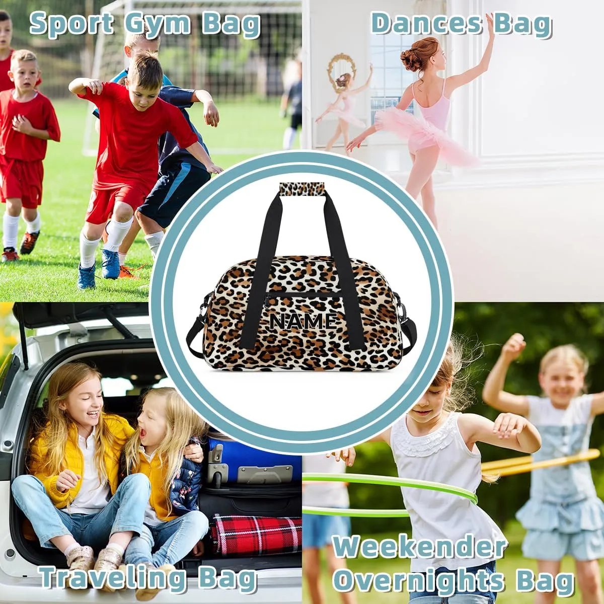 Custom Leopard Print Small Gym Bag 18 inch for Women Men Personalized Animal Theme Print Faux Fur Carry On Overnight Weekender Bag for Travel Work Dance Sport