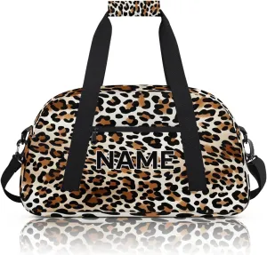 Custom Leopard Print Small Gym Bag 18 inch for Women Men Personalized Animal Theme Print Faux Fur Carry On Overnight Weekender Bag for Travel Work Dance Sport
