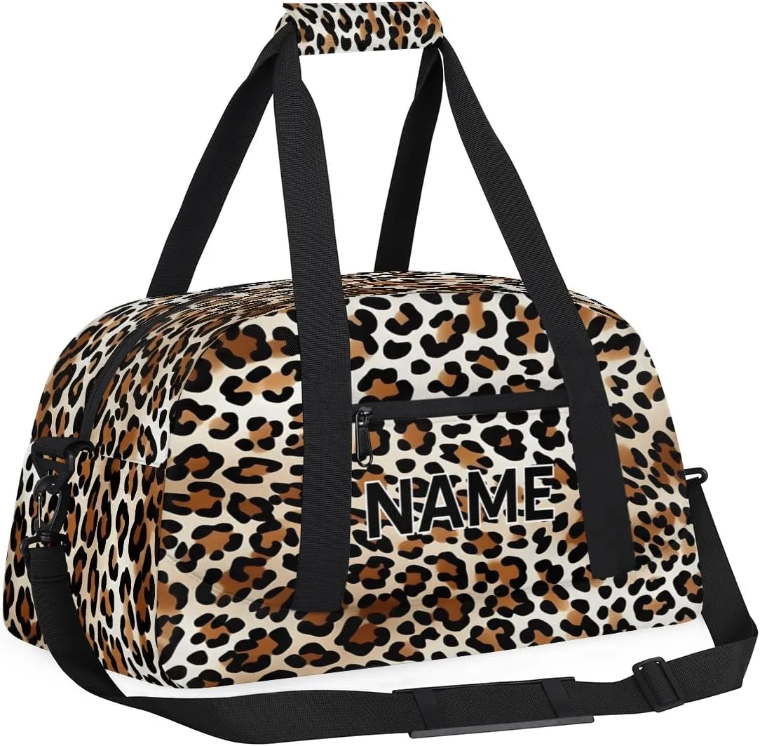Custom Leopard Print Small Gym Bag 18 inch for Women Men Personalized Animal Theme Print Faux Fur Carry On Overnight Weekender Bag for Travel Work Dance Sport