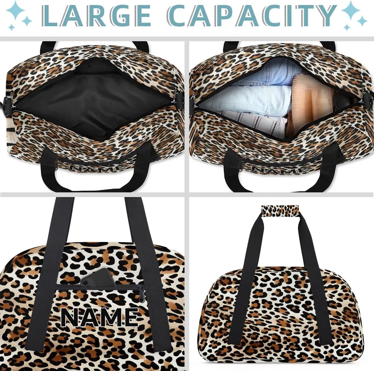 Custom Leopard Print Small Gym Bag 18 inch for Women Men Personalized Animal Theme Print Faux Fur Carry On Overnight Weekender Bag for Travel Work Dance Sport