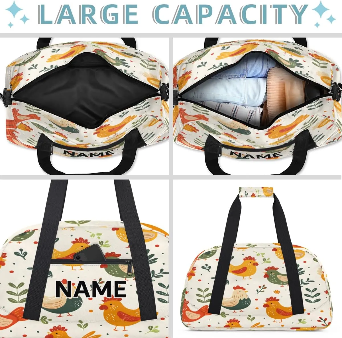 Custom Rooster Small Gym Bag 18 inch for Women Men Personalized Rustic Farmhouse Chicken Carry On Overnight Weekender Bag for Travel Work Dance Sport