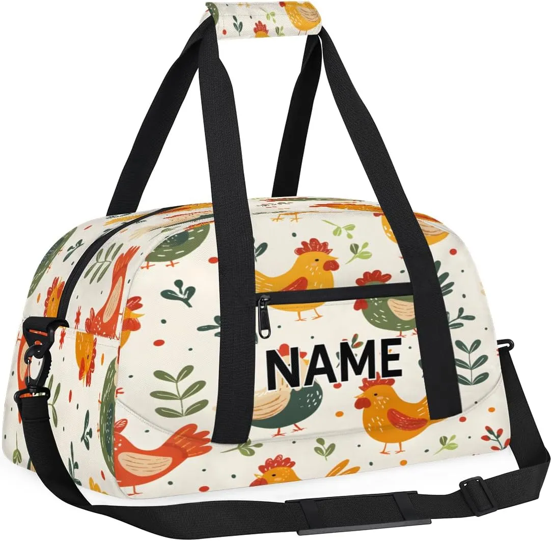 Custom Rooster Small Gym Bag 18 inch for Women Men Personalized Rustic Farmhouse Chicken Carry On Overnight Weekender Bag for Travel Work Dance Sport