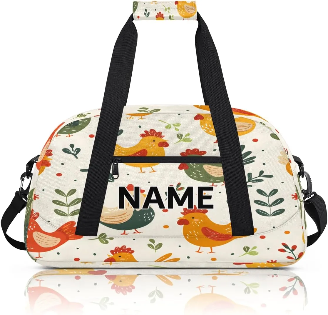 Custom Rooster Small Gym Bag 18 inch for Women Men Personalized Rustic Farmhouse Chicken Carry On Overnight Weekender Bag for Travel Work Dance Sport