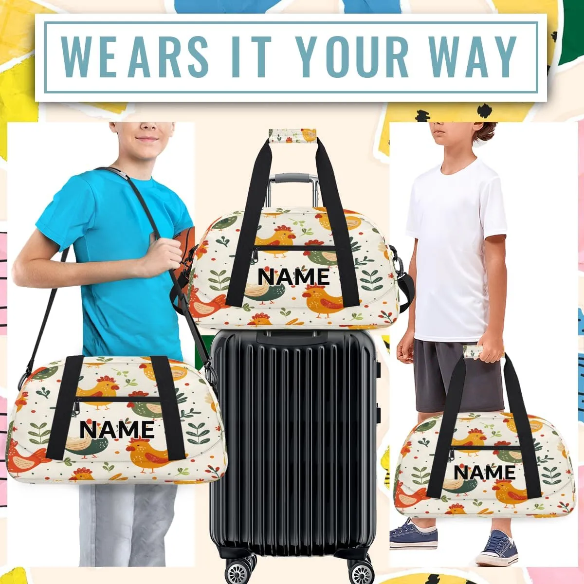 Custom Rooster Small Gym Bag 18 inch for Women Men Personalized Rustic Farmhouse Chicken Carry On Overnight Weekender Bag for Travel Work Dance Sport