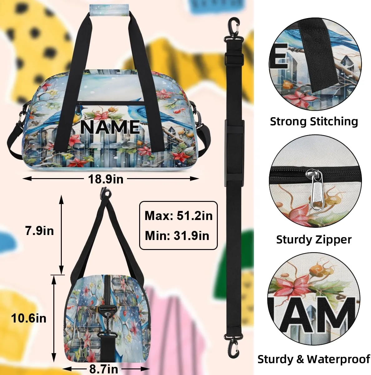 Custom Rustic Flowers Birds Small Gym Bag 18 inch for Women Men Personalized Birds Carry On Overnight Weekender Bag for Travel Work Dance Sport