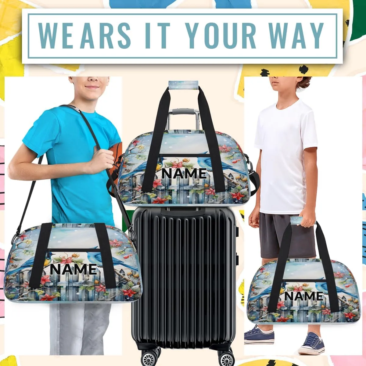 Custom Rustic Flowers Birds Small Gym Bag 18 inch for Women Men Personalized Birds Carry On Overnight Weekender Bag for Travel Work Dance Sport