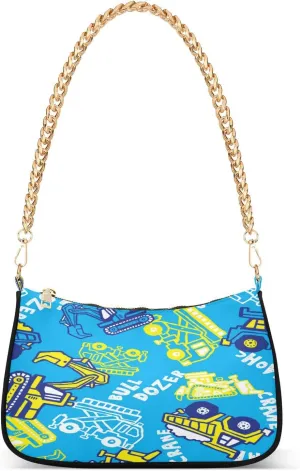 Cute Blue Yellow Bulldozer Womens Shoulder Bag for Women Girls Hobo Tote Handbag Gold Chain Crossbody Bag with Zipper Clutch Purse Handbags