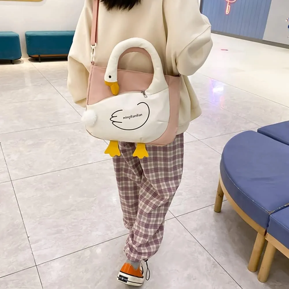 Cute Cartoon Goose Messenger Crossbody Bag For Women, Waterproof Large Capacity Shoulder Bag,Funny Doll Nylon Handbag Purses