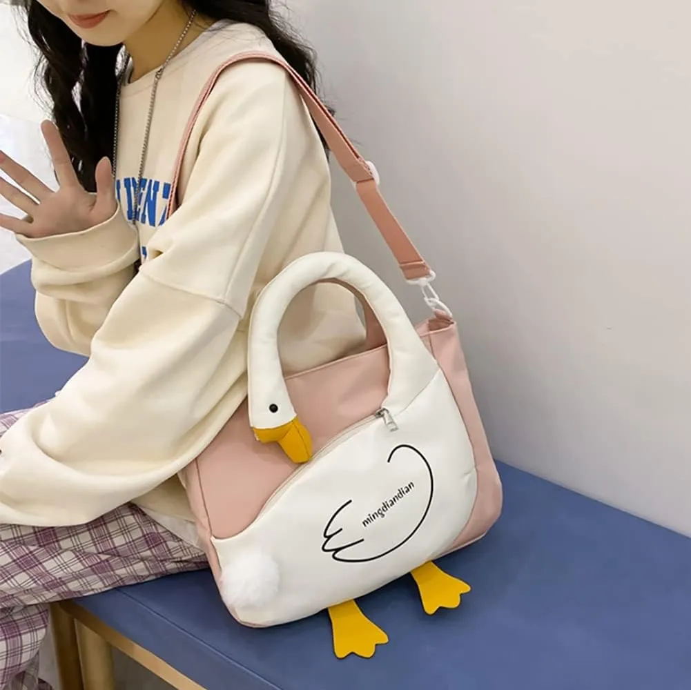 Cute Cartoon Goose Messenger Crossbody Bag For Women, Waterproof Large Capacity Shoulder Bag,Funny Doll Nylon Handbag Purses