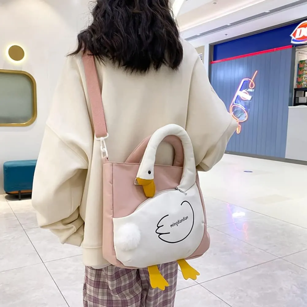 Cute Cartoon Goose Messenger Crossbody Bag For Women, Waterproof Large Capacity Shoulder Bag,Funny Doll Nylon Handbag Purses