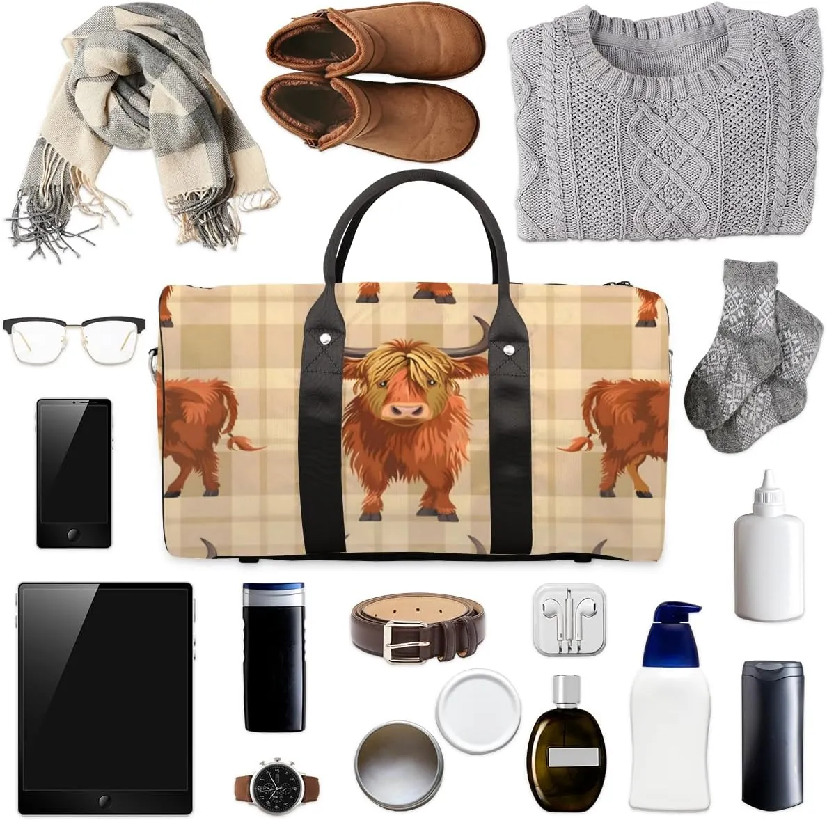 Cute Highland Cow Travel Duffle Bag for Women Men Gym Duffel Foldable Bag Waterproof Weekender Western Rustic Duffle Tote